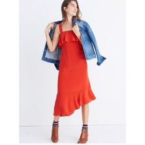 Madewell Silk Ruffle Tank Dress Bright Poppy Red Size 6 NWT